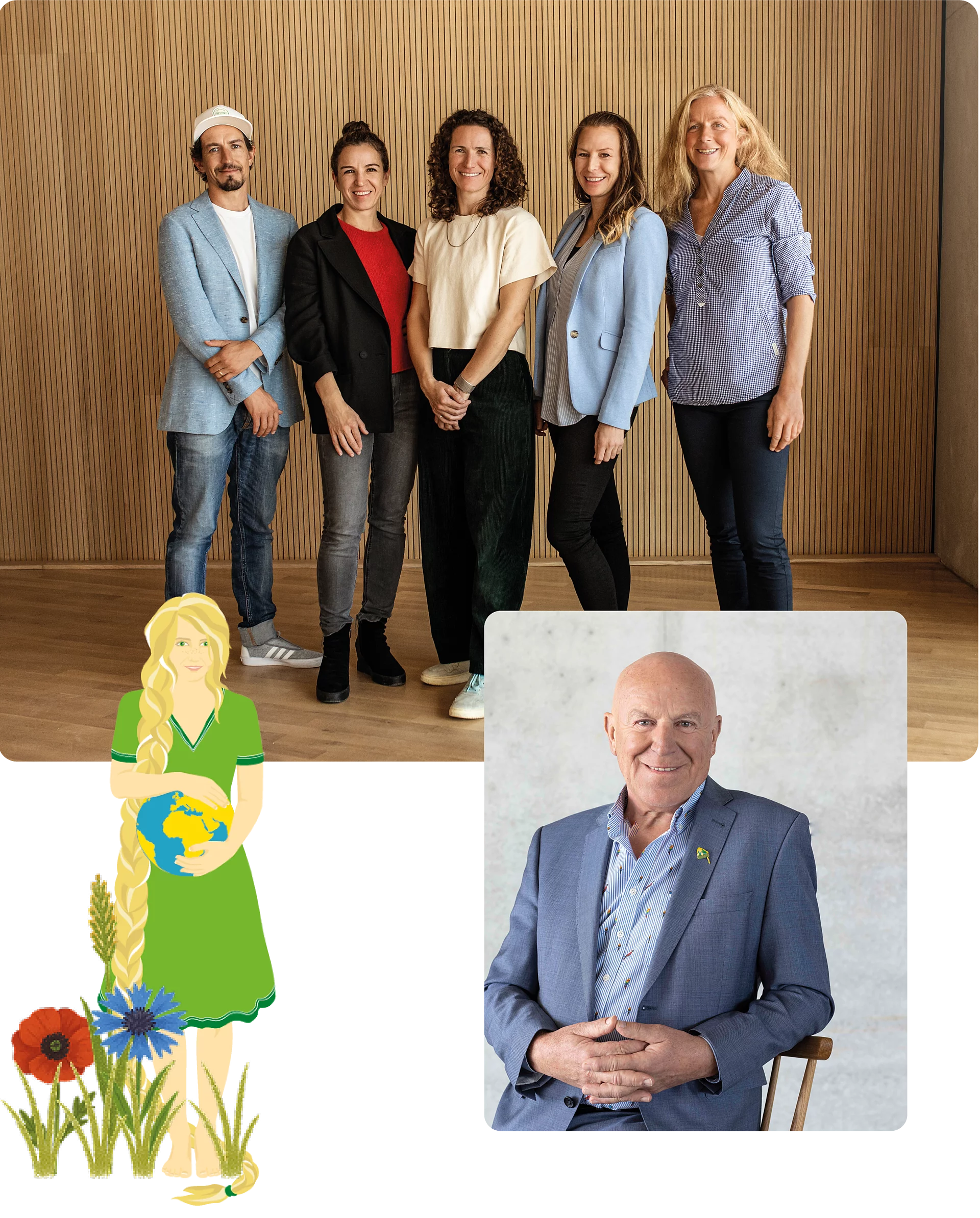 Bildcollage mit Geschäftsführung, Gesellschafterinnen und Gründer von Rapunzel Naturkost sowie einer Illustration mit Weltkugel.